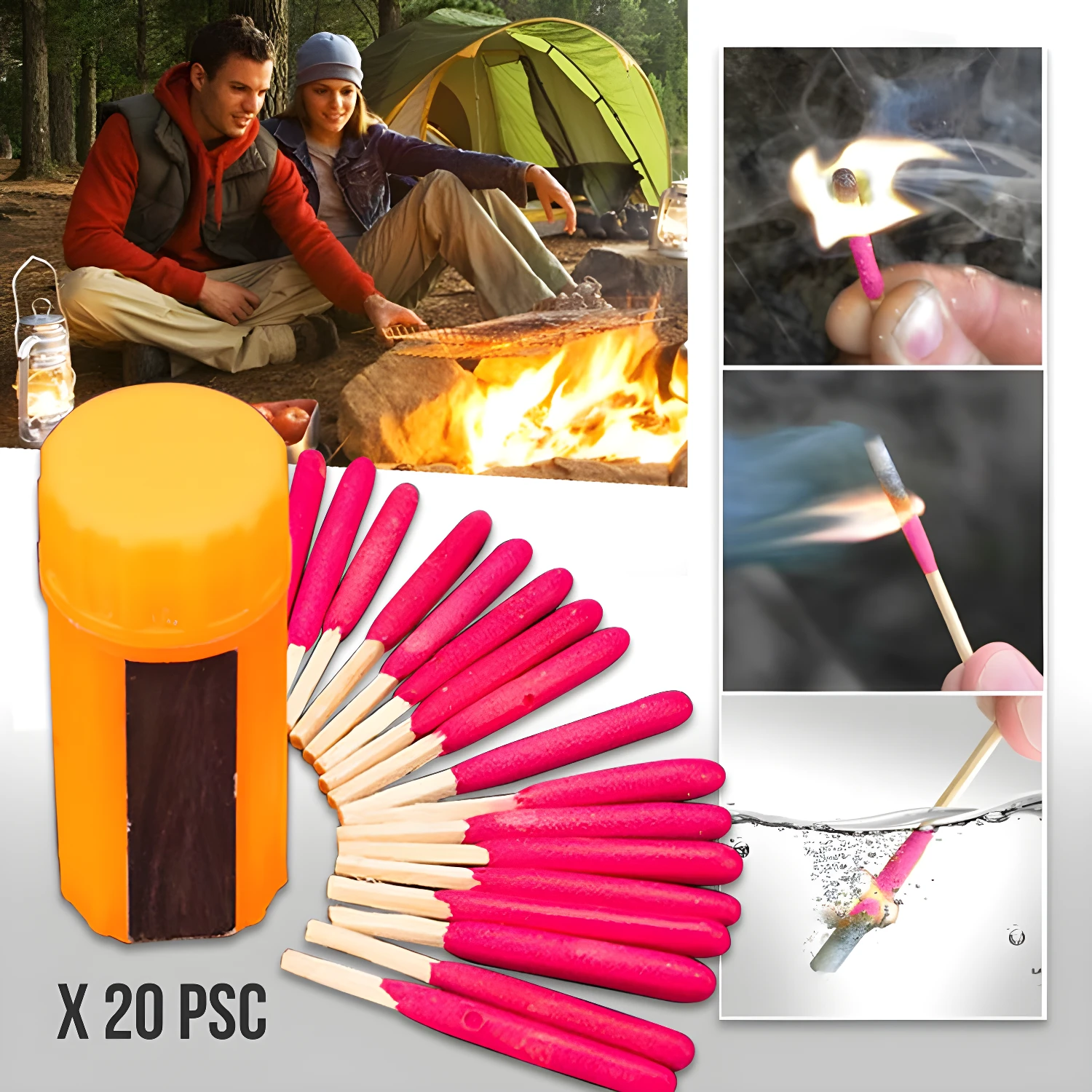 Fósforos impermeables x20, ideales para camping, con encendido y sumergidos.