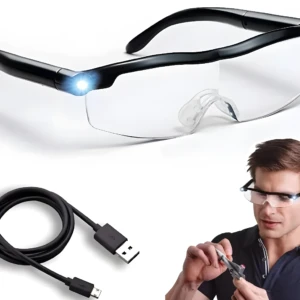 Gafas lupa con linterna LED para trabajos de precisión, ideales para reparaciones.