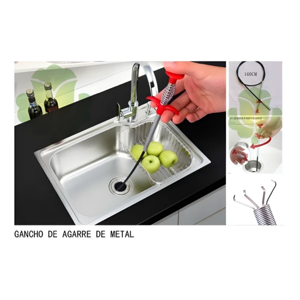 Gancho flexible de metal para desatascar drenajes de lavaplatos.