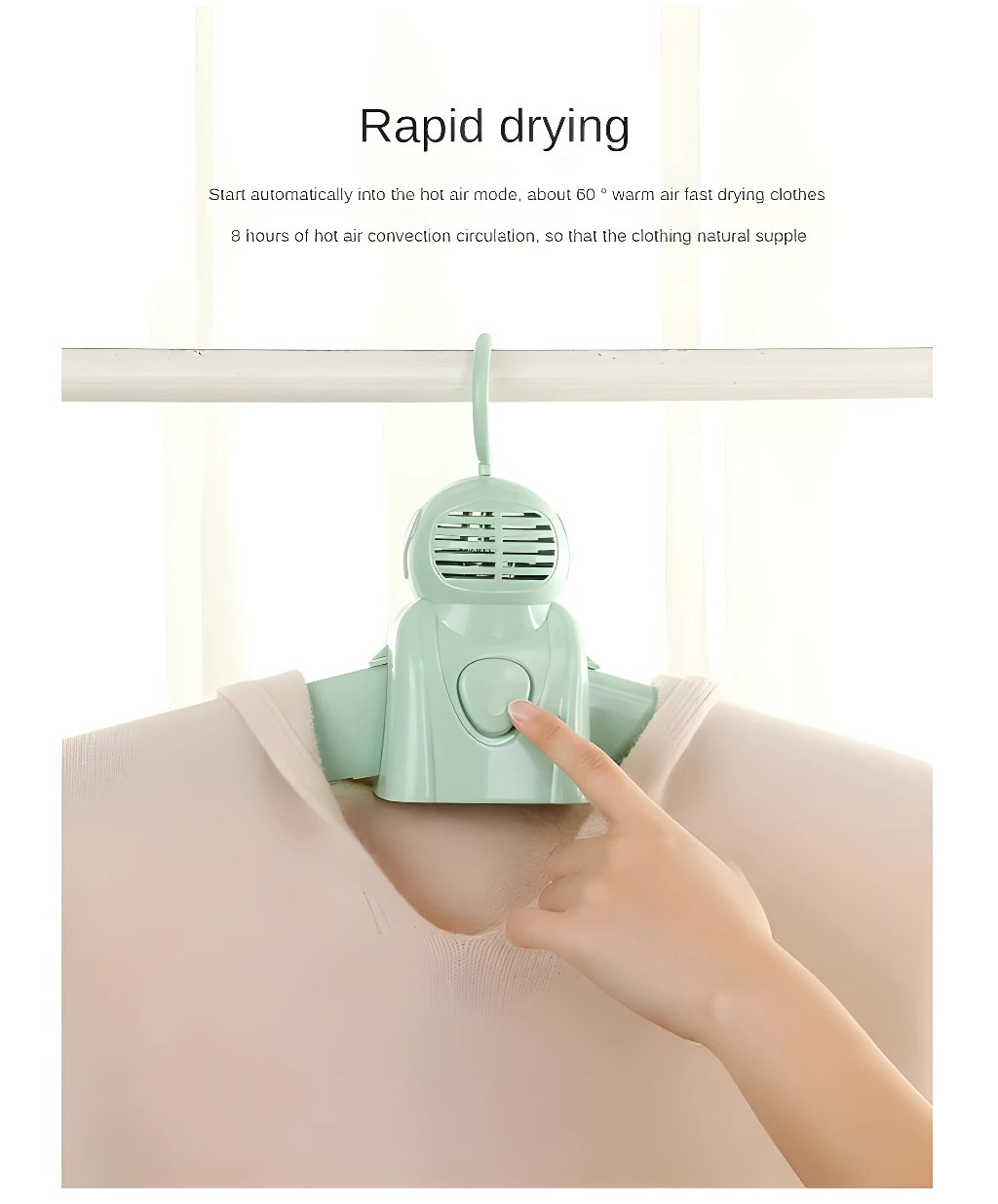 Gancho secador portátil activado por dedo, para secar ropa rápidamente con aire caliente.