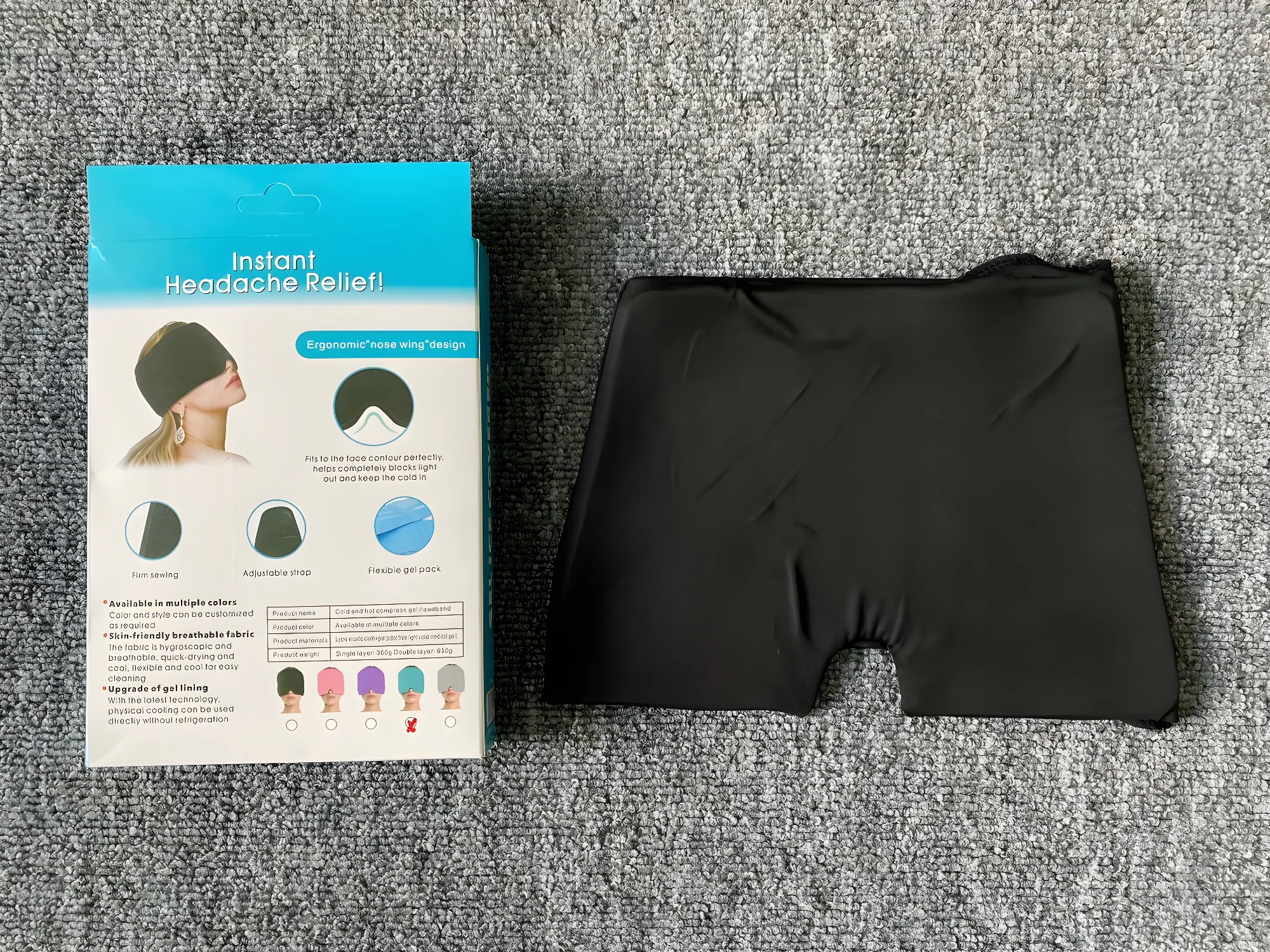 Gorro máscara de gel frío para control de migraña, diseño ergonómico, bloquea la luz.