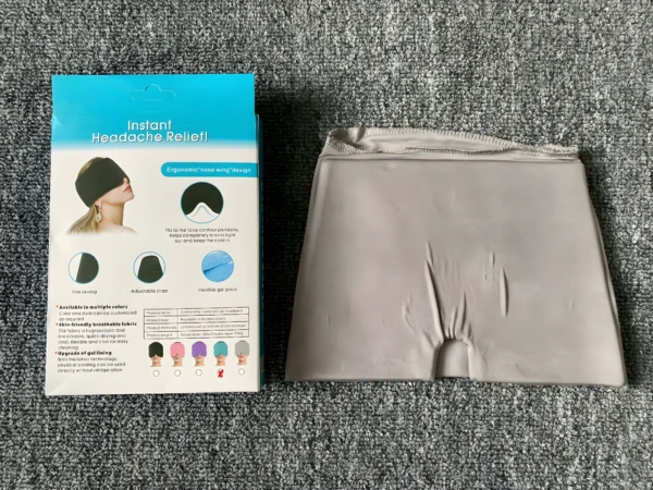 Gorro mascara gel frío para control de migraña, flexible y ajustable, gris claro.