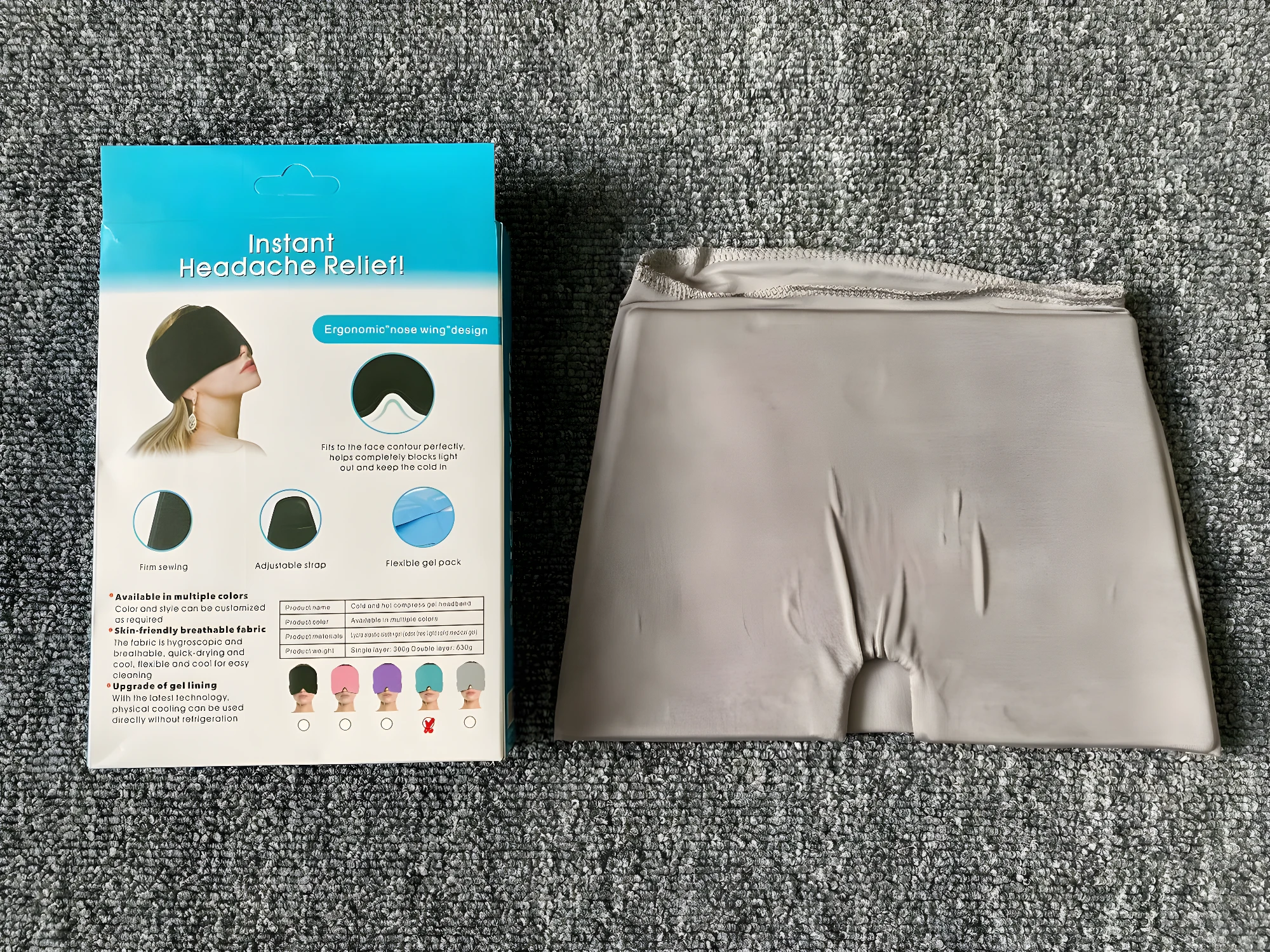 Gorro mascara gel frío para control de migraña, flexible y ajustable, gris claro.