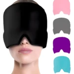 Mascara gel frío control migraña negra sobre rostro de mujer, con gorros de colores rosa, gris, morado y turquesa.