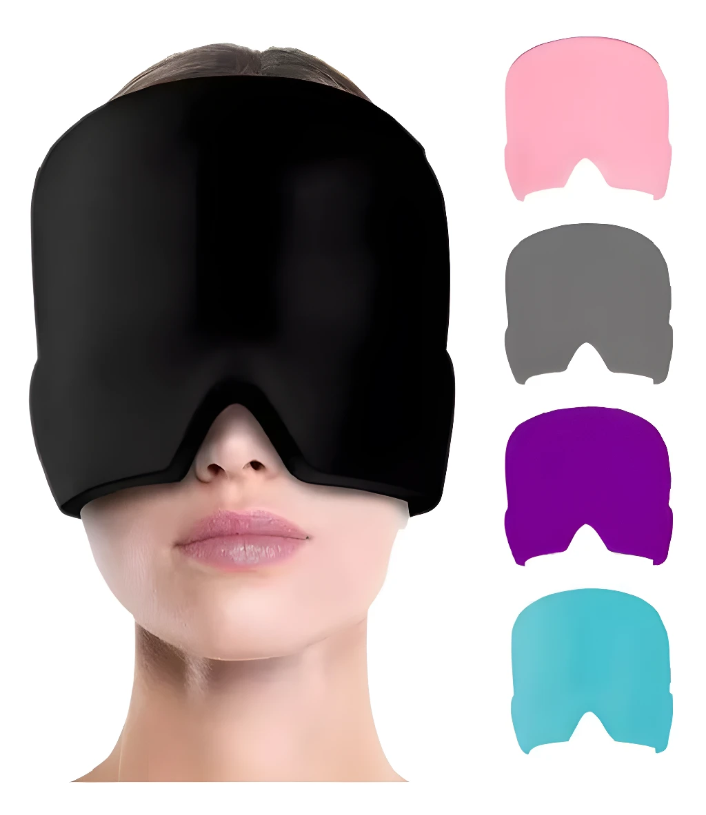 Mascara gel frío control migraña negra sobre rostro de mujer, con gorros de colores rosa, gris, morado y turquesa.