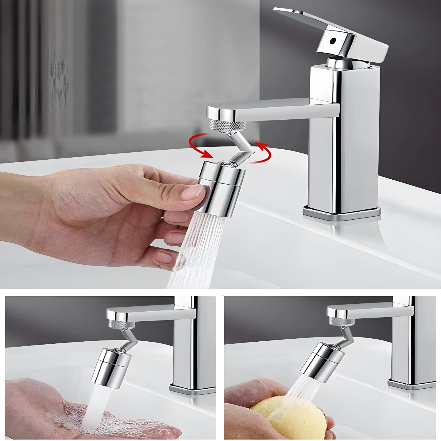 Grifo ahorrador giratorio multifuncional con extensión flexible, ideal para lavar manos y frutas.