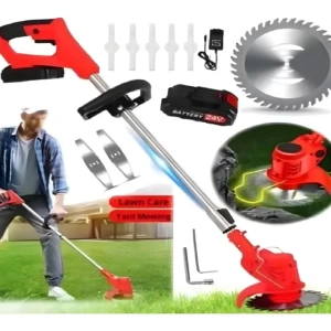 Guadaña inalámbrica para césped con 2 baterías de 48V, ideal para cuidado de jardines.