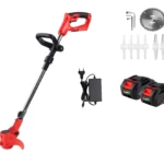 Guadaña inalámbrica de césped 48V con 2 baterías, cargador y discos de corte.