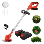 Guadaña inalámbrica de césped 48V con 2 baterías y accesorios, ideal para jardín.
