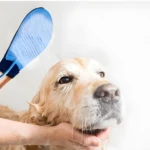 Guante de ducha masajeador para perros Golden Retriever mojado en el baño.