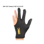 Guante de billar Lycra negro para tres dedos con logo Predator y medidas.