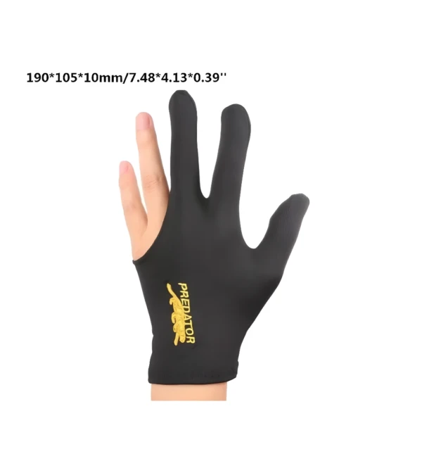Guante de billar Lycra negro para tres dedos con logo Predator y medidas.