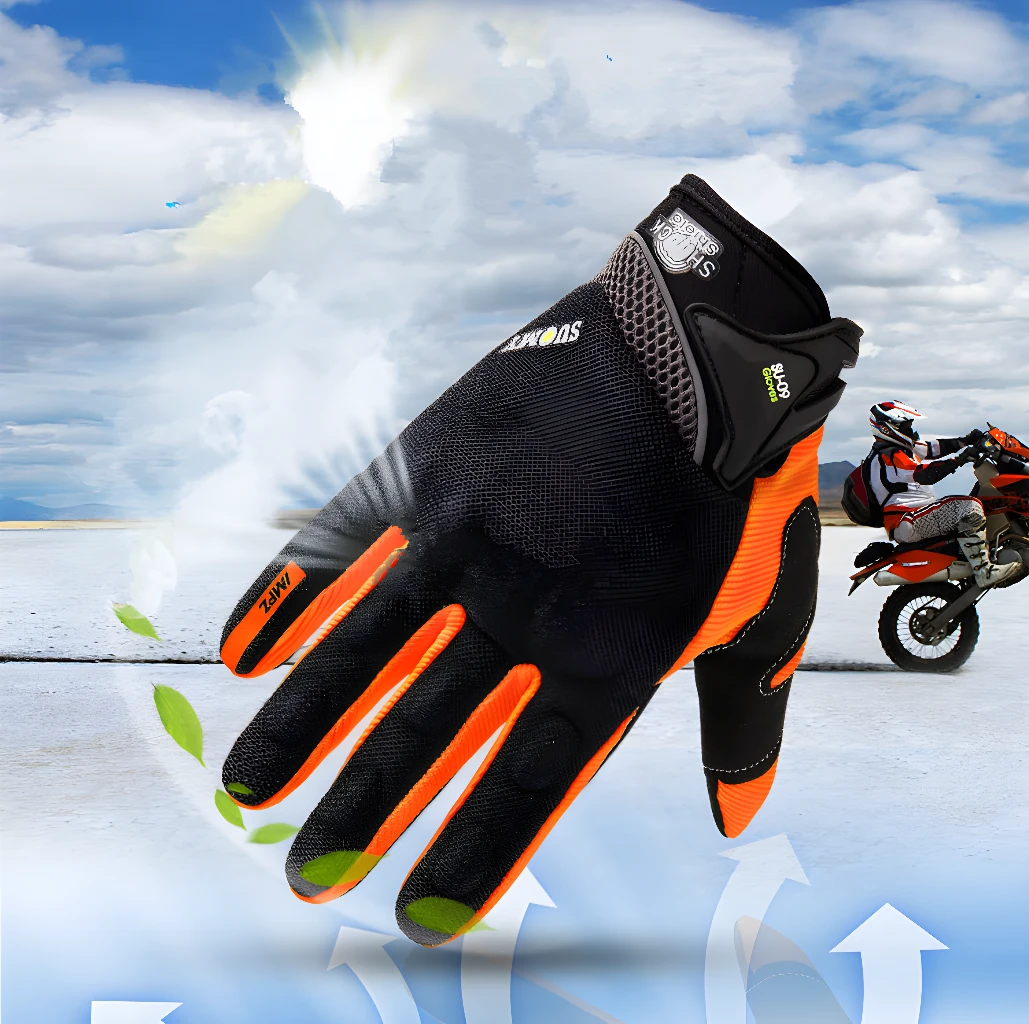 Guante protector impermeable moto Su09, diseño negro y naranja, ideal para motociclistas.