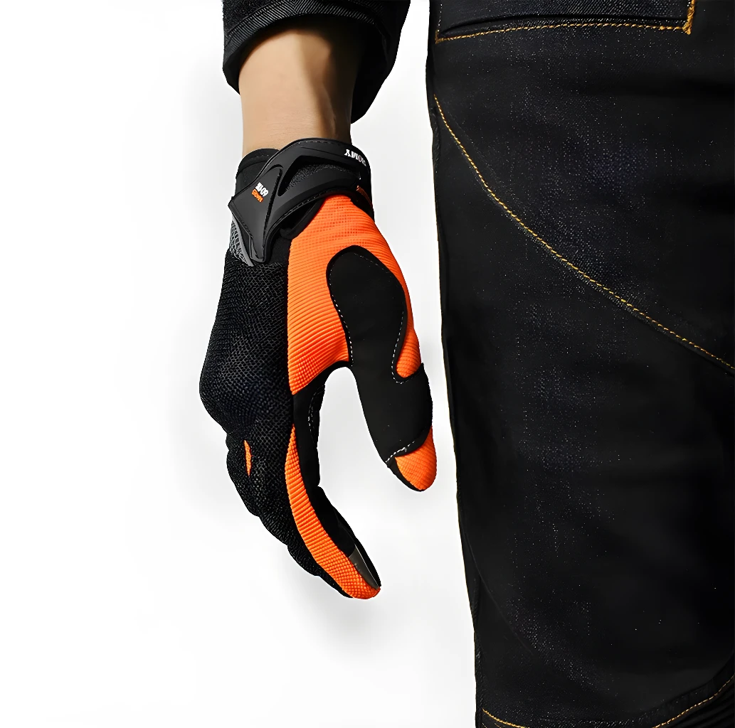 Guante protector impermeable moto Su09 naranja y negro, puño ajustable, ideal para motociclismo.