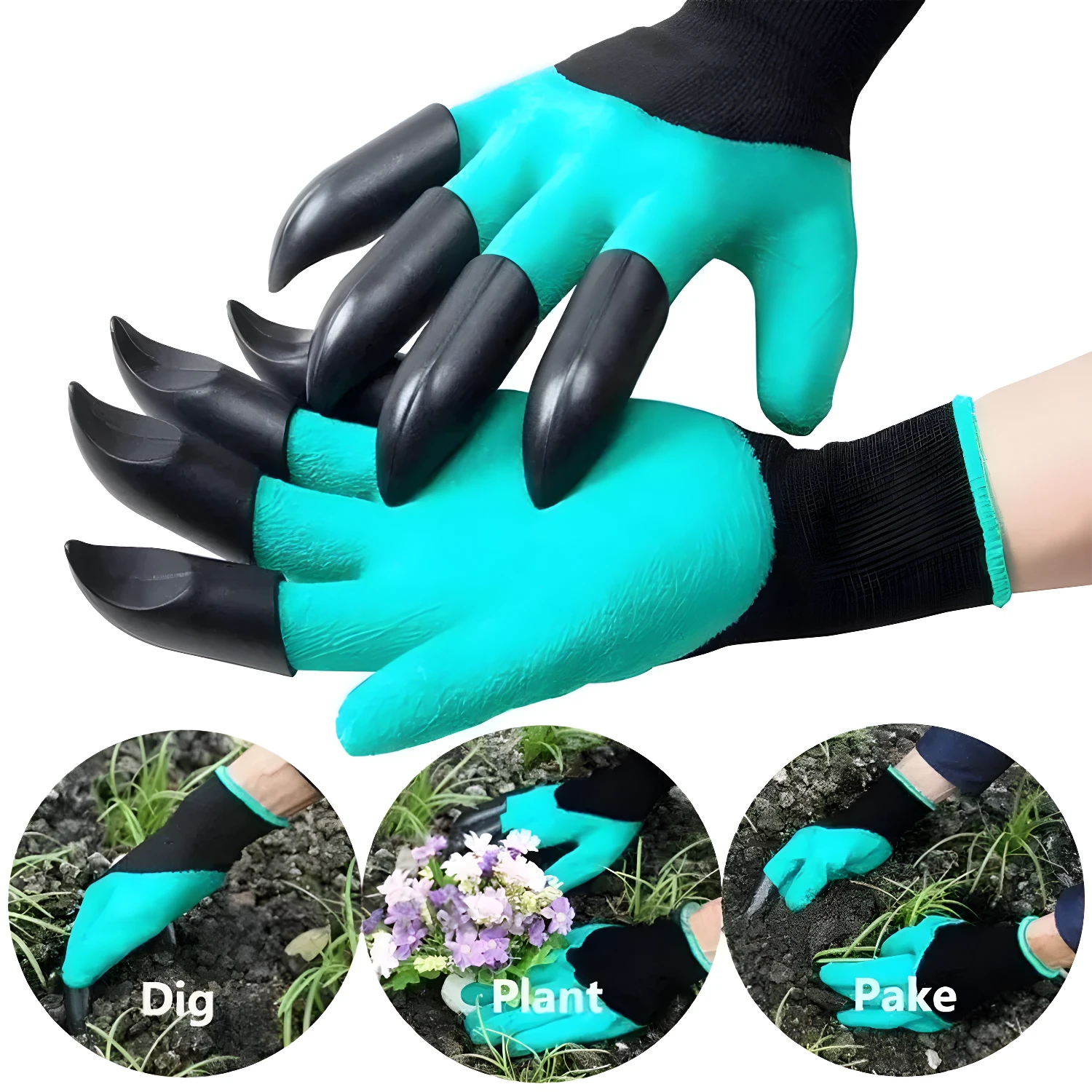 Guantes de jardinería con garra para cavar, plantar y rastrillar, color turquesa y negro.