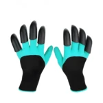 Guantes de jardinería con garra, color turquesa y negro, ideales para cavar y sembrar.