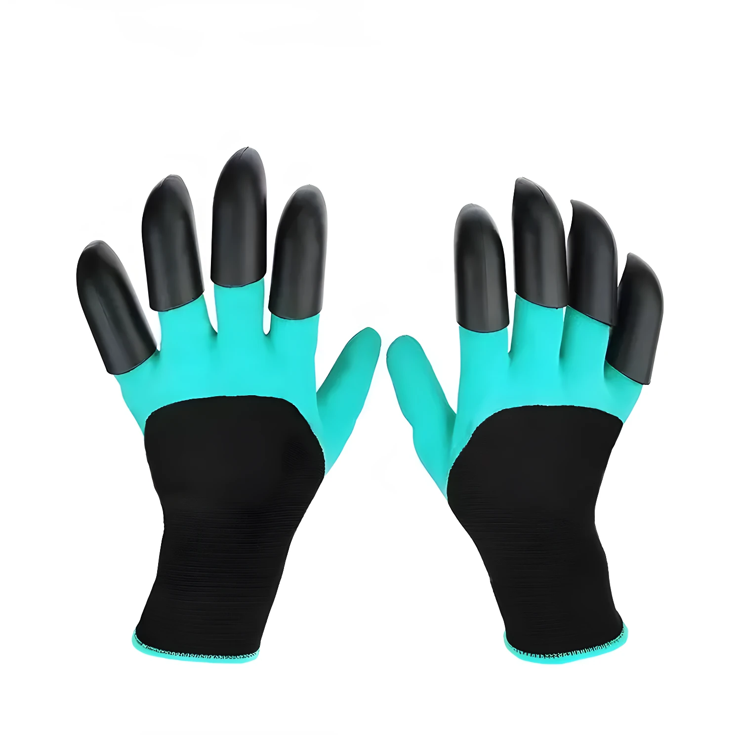 Guantes de jardinería con garra, color turquesa y negro, ideales para cavar y sembrar.