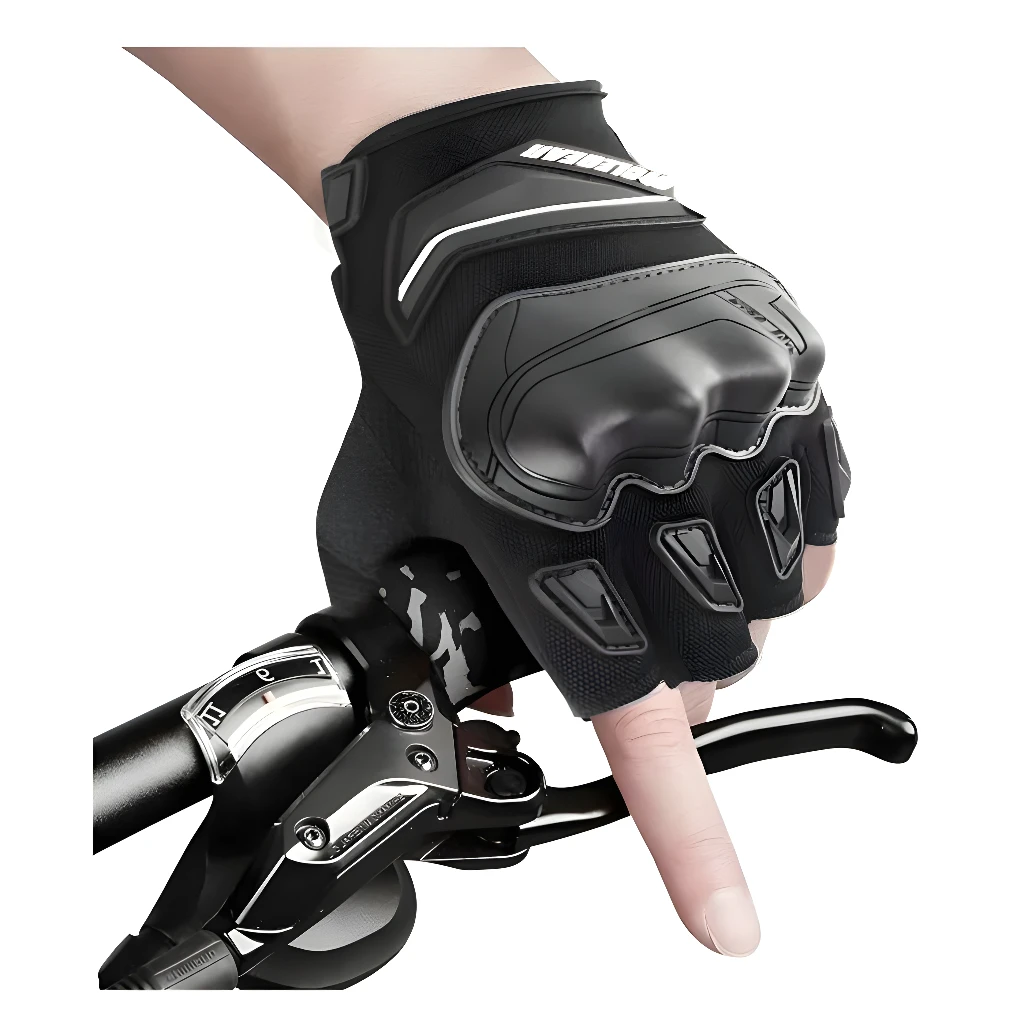 Guantes de motociclismo tácticos negros sin dedos con nudillos protectores en manillar de bicicleta.
