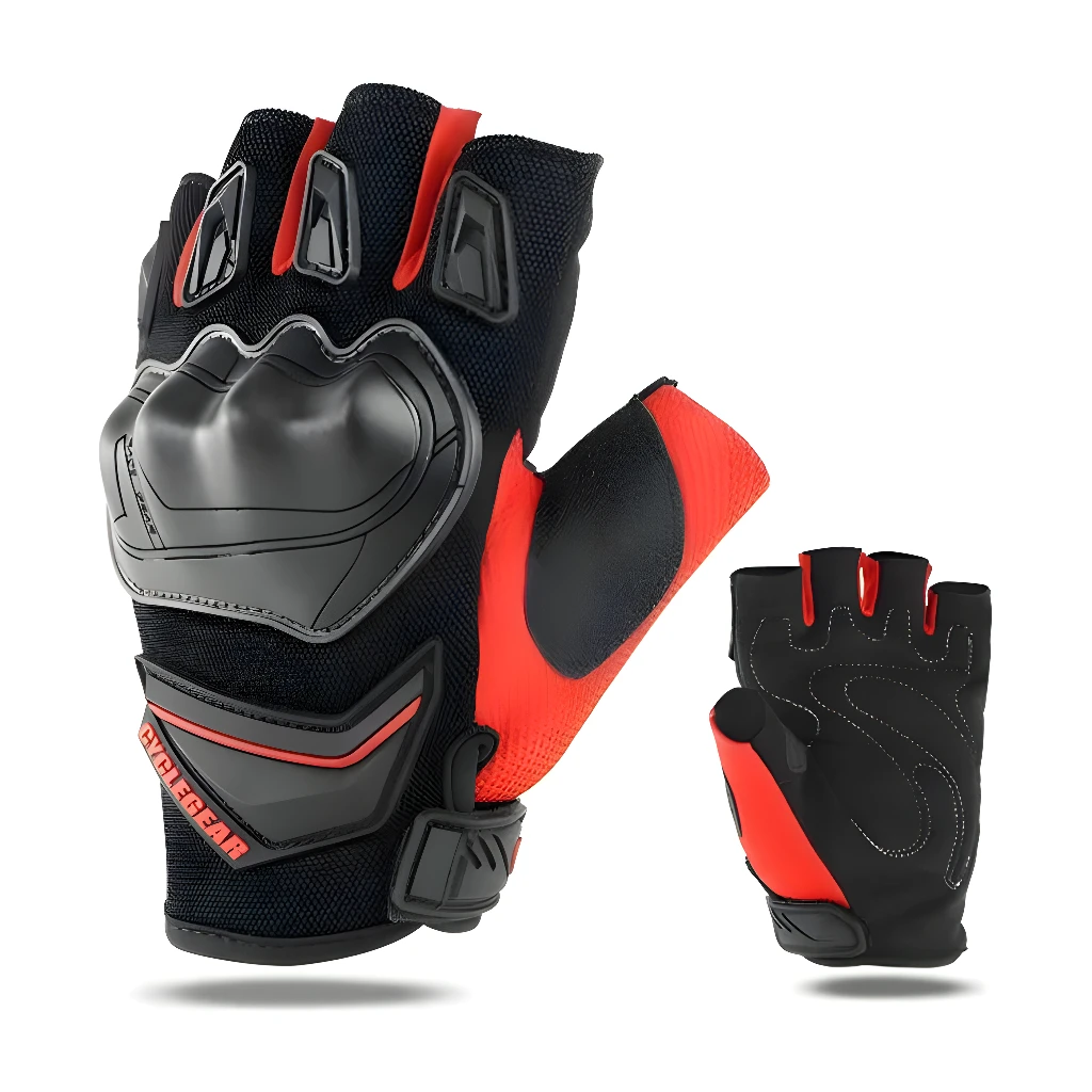 Guantes de motociclismo tácticos negros y rojos con protecciones, diseño sin dedos.