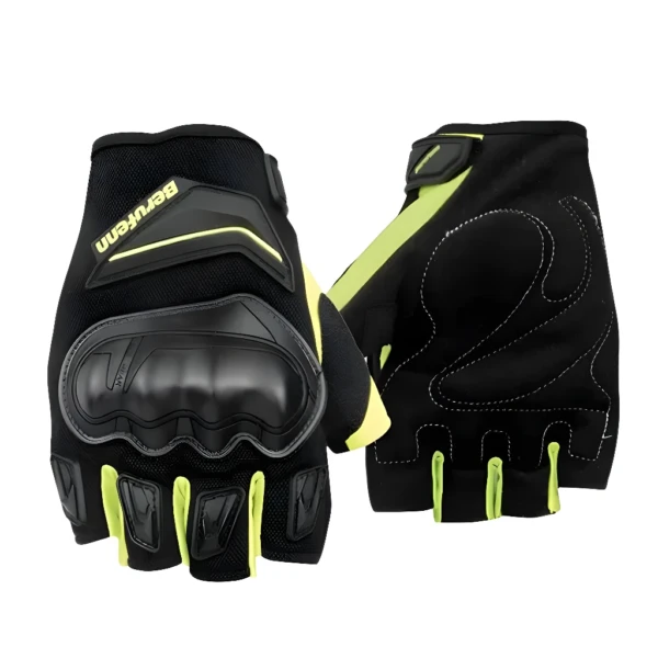 Guantes tácticos de motociclismo Berfenn negros con protecciones y detalles en neón.
