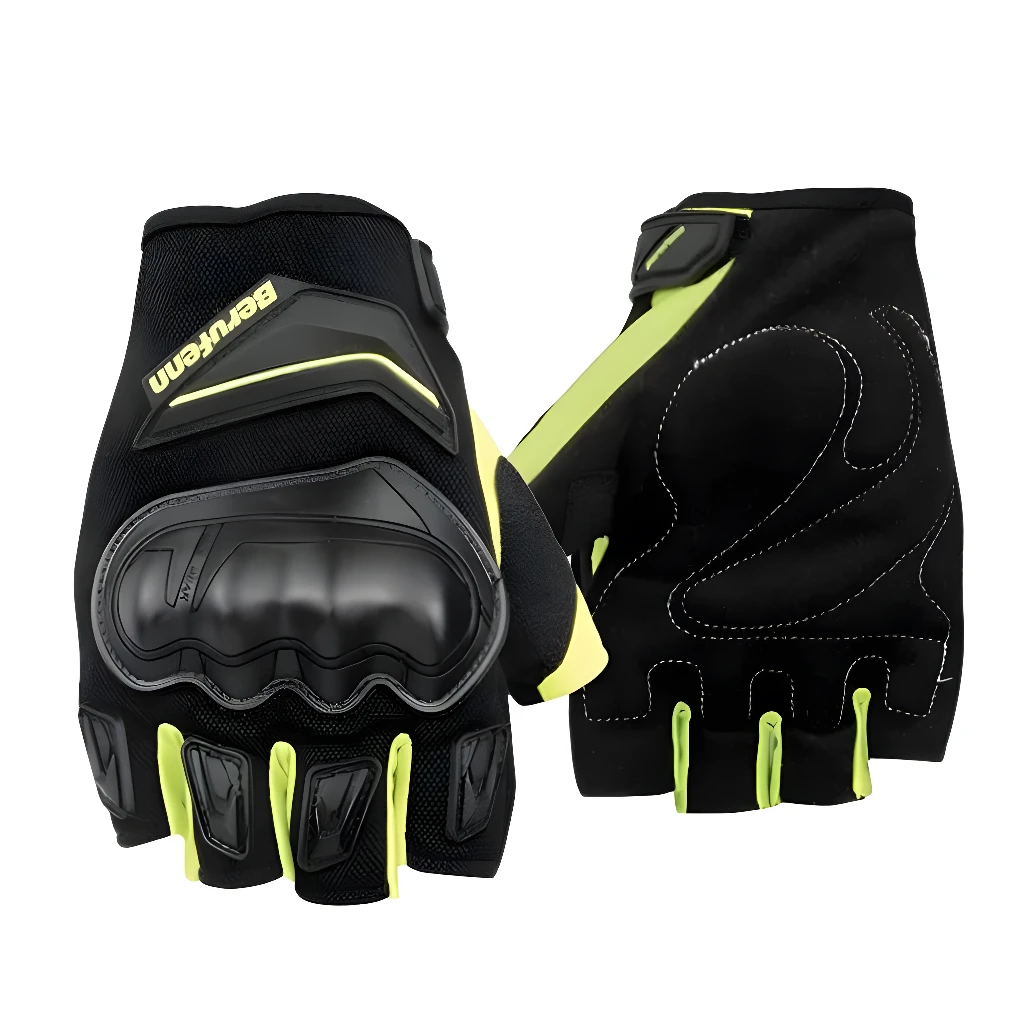 Guantes tácticos de motociclismo Berfenn negros con protecciones y detalles en neón.
