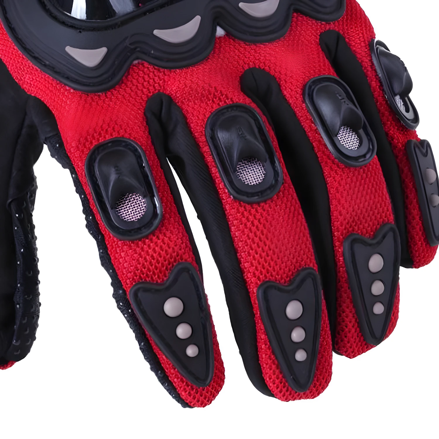 Guantes de moto rojos con dedos antideslizantes, protección y malla transpirable.