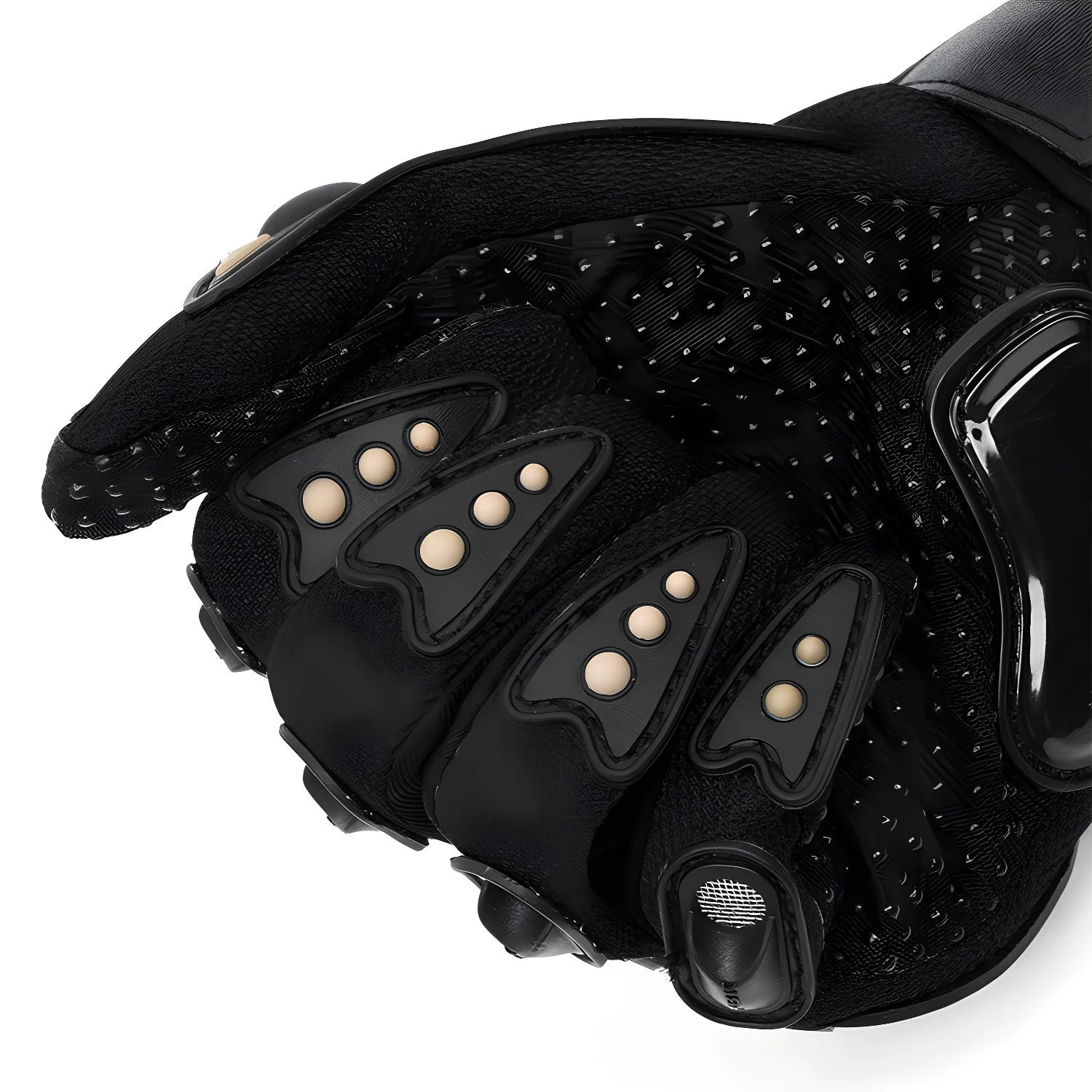 Guantes de moto negros con protecciones antideslizantes en los dedos y palma para agarre seguro.