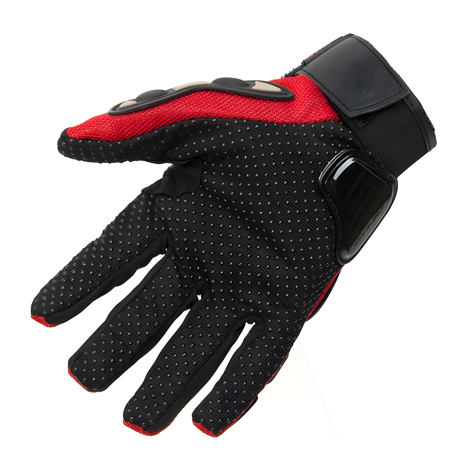 Guantes de moto antideslizantes para dedos, negros con detalles rojos, ideales para ciclismo.