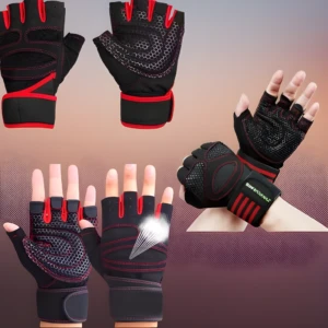 Guantes para gimnasio ZYJ FORMIS negros con rojo, agarre mejorado, soporte de muñeca.