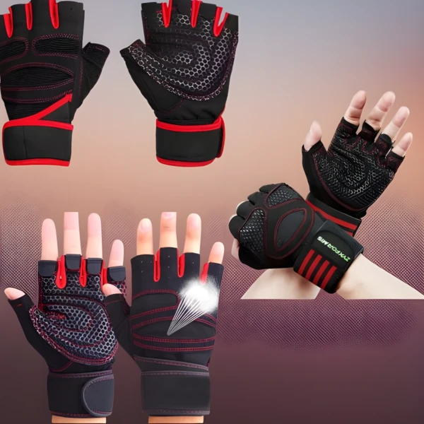 Guantes para gimnasio ZYJ FORMIS negros con rojo, agarre mejorado, soporte de muñeca.