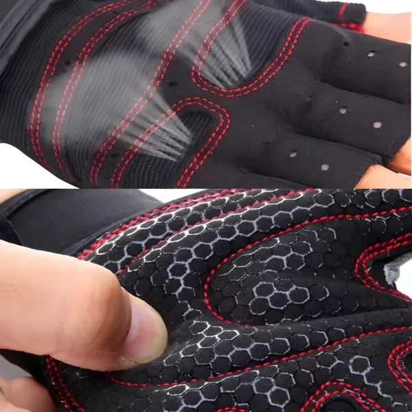 Guantes de gimnasio negros con costuras rojas y palma texturizada para entrenamiento.