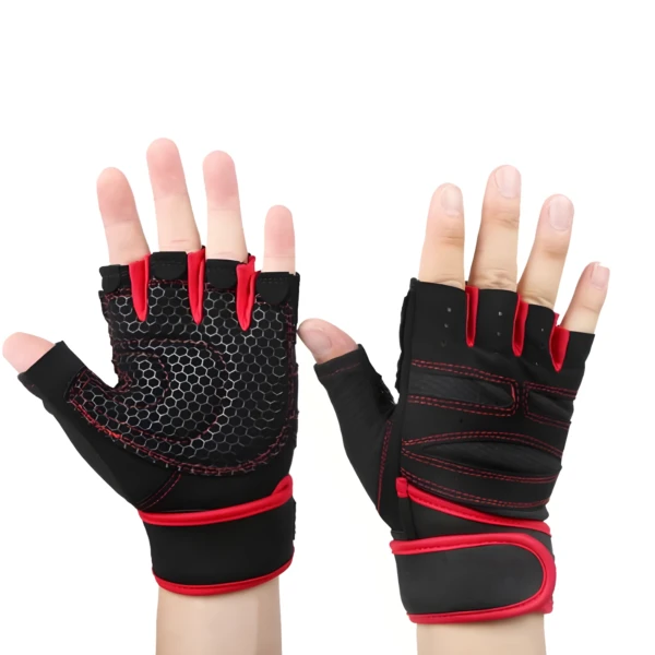 Guantes de gimnasio negros y rojos para entrenamiento, con protección para las manos.