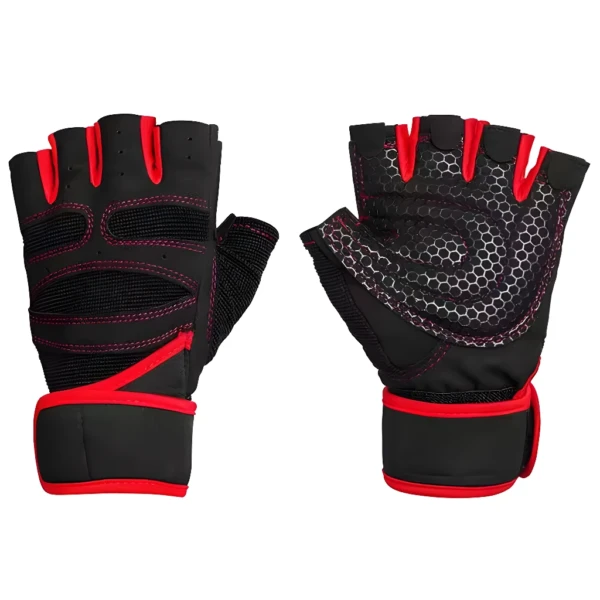 Guantes de gimnasio negros con detalles rojos, sin dedos, para entrenamiento.
