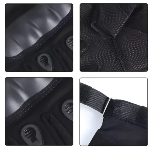 Guantes para motociclistas negros con protecciones y ajuste de velcro en muñeca.