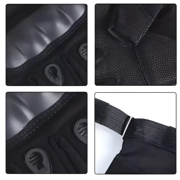 Guantes para motociclistas negros con protecciones y ajuste de velcro en muñeca.