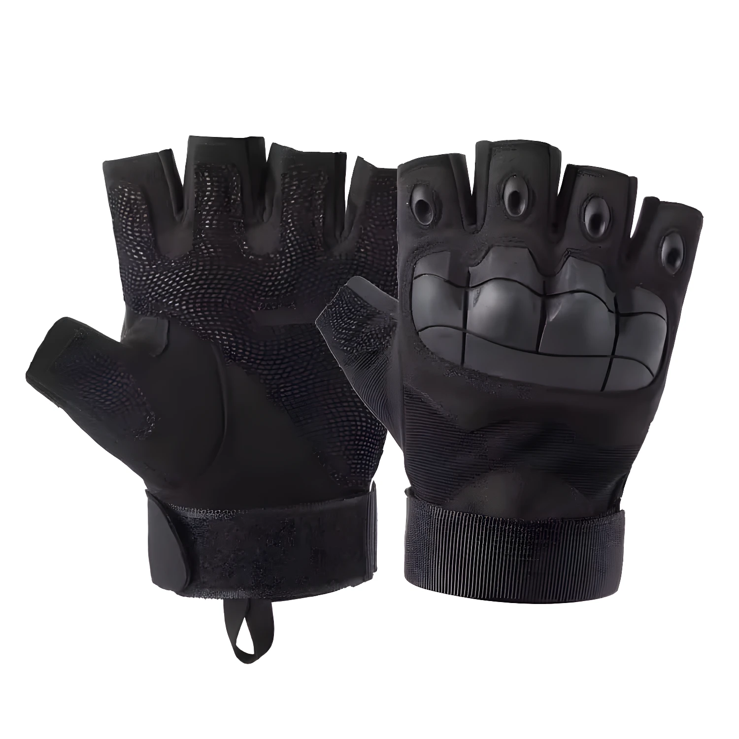 Guantes negros sin dedos para motociclistas con protección en nudillos y palma texturizada.