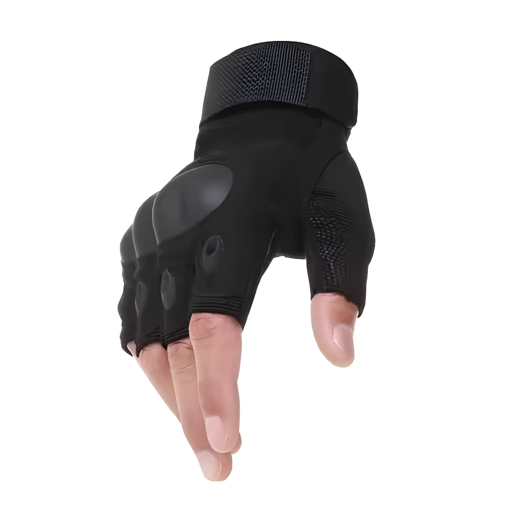 Guantes de motociclista negros sin dedos con protecciones y ajuste en la muñeca.
