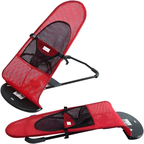 Hamaca ergonómica roja para bebé, portátil y plegable, ideal para descanso y juego.