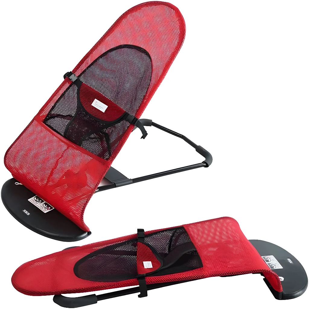 Hamaca ergonómica roja para bebé, portátil y plegable, ideal para descanso y juego.