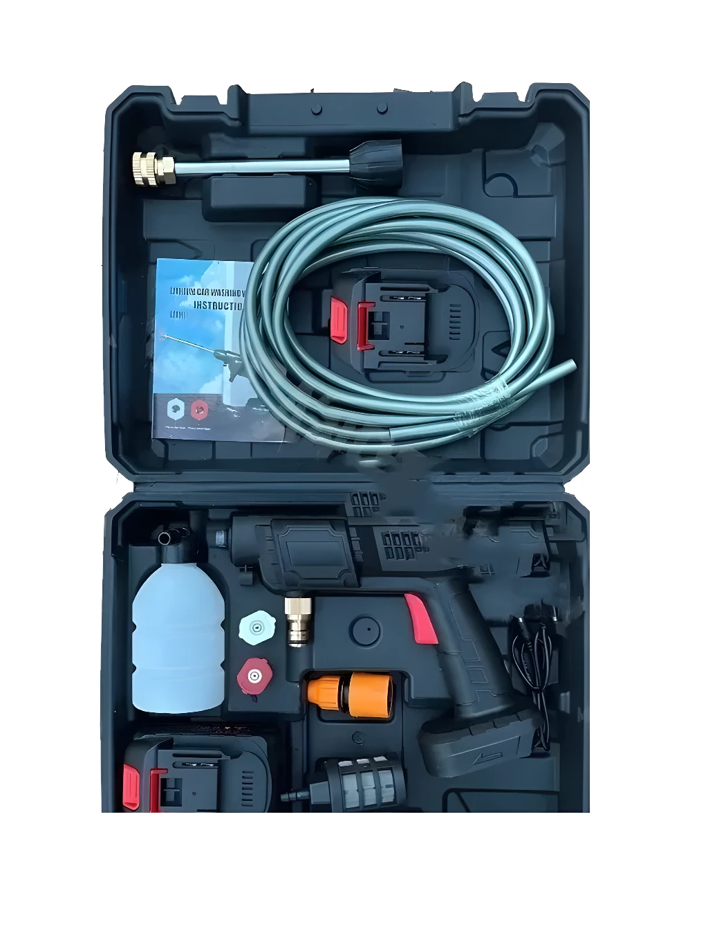 Hidrolavadora inalámbrica con doble batería, manguera y accesorios en su estuche.