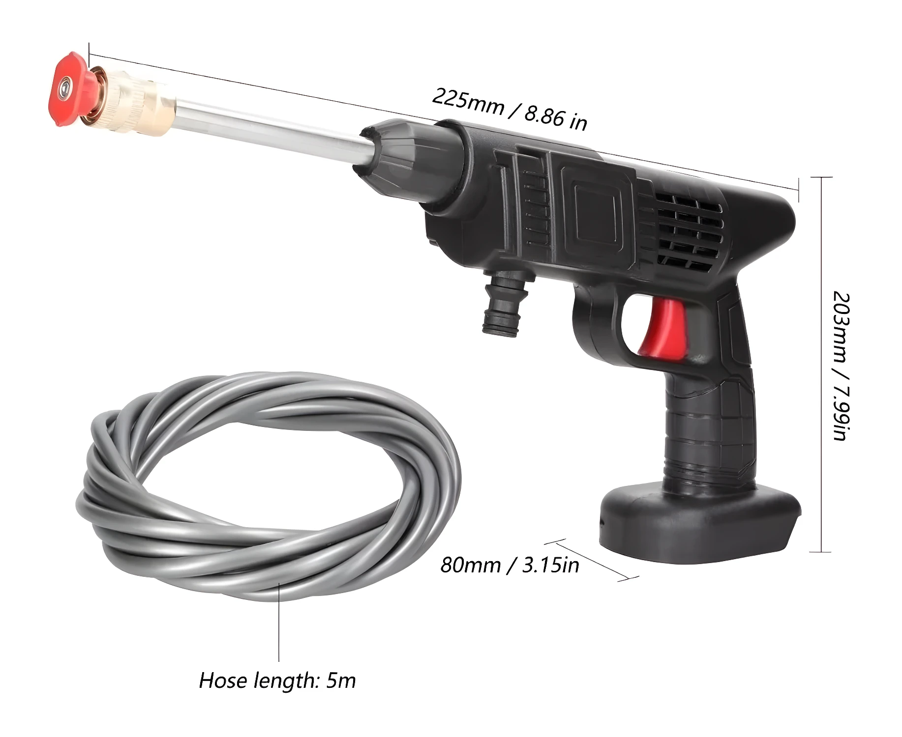 Hidrolavadora inalámbrica con manguera de 5m, ideal para limpieza.