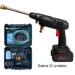 Hidrolavadora inalámbrica portátil con dos baterías de 48V Li-Ion, manguera, boquillas y maletín de transporte.