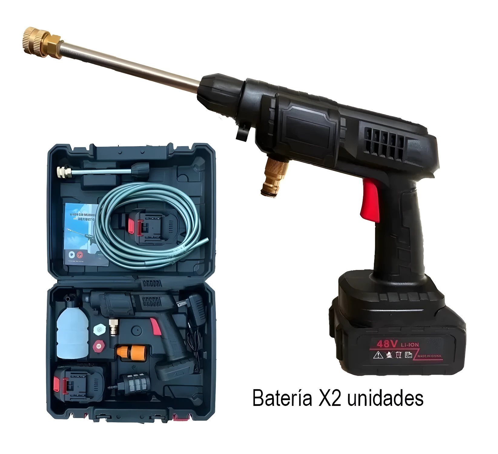 Hidrolavadora inalámbrica portátil con dos baterías de 48V Li-Ion, manguera, boquillas y maletín de transporte.