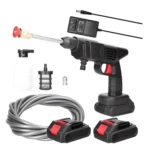 Hidrolavadora inalámbrica con doble batería, manguera y accesorios.