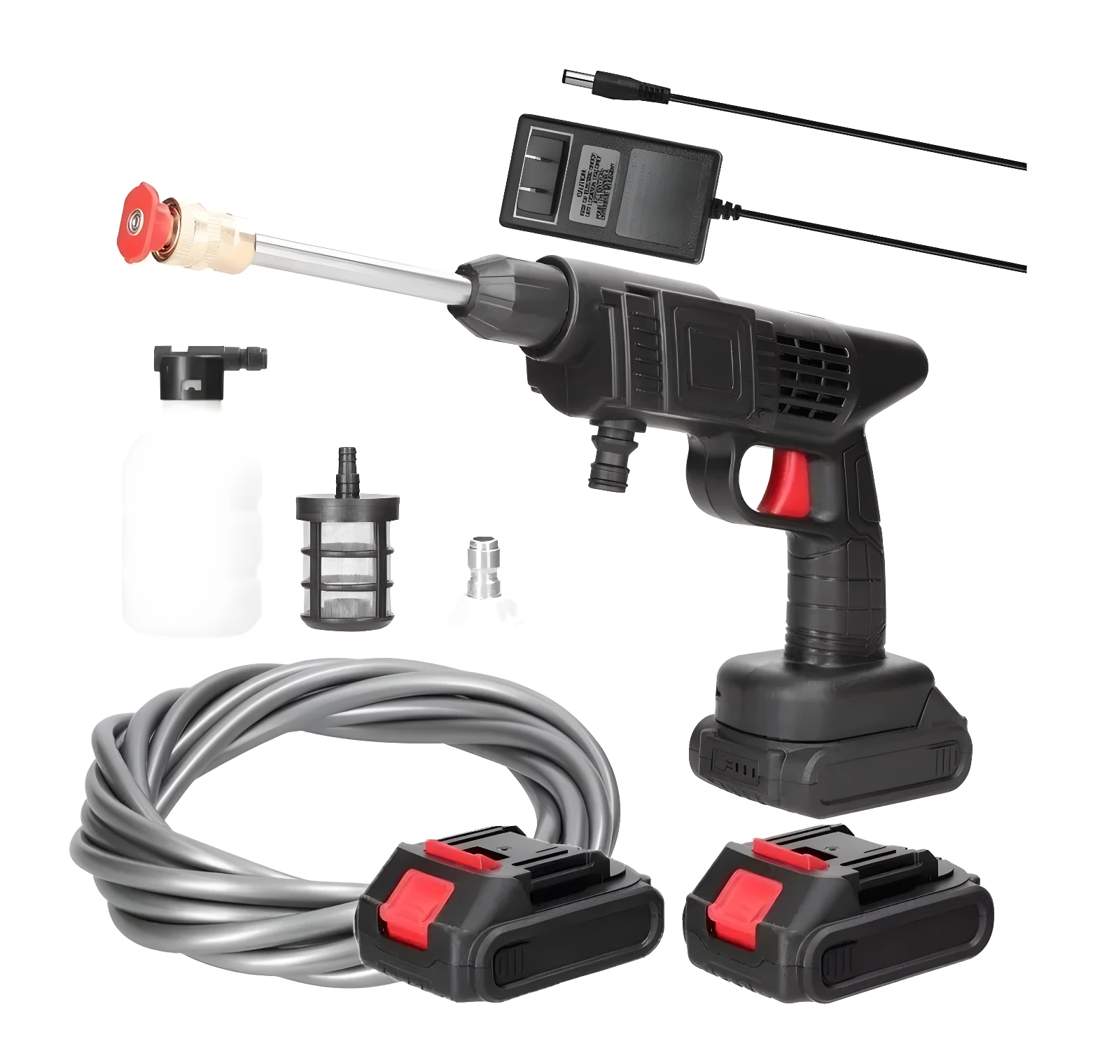 Hidrolavadora inalámbrica con doble batería, manguera y accesorios.