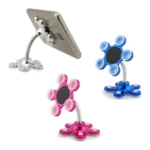 Set x3 holders para celular con ventosas y cuello flexible: plateado, azul y rosado.
