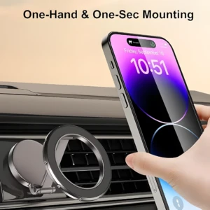 Holder celular 360º para auto, montaje rápido y fácil de una mano.