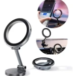 Holder para celular 360º metálico, plegable, con base redonda y ventosa para auto.