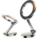 Holder soporte celular 360º plegable plateado con base redonda y anillo negro.