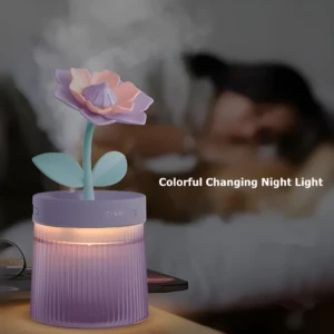 Humidificador de aire de flores de riego con luz nocturna que cambia de color, perfecto para habitación.